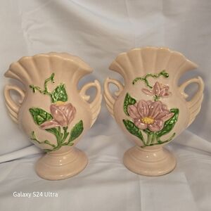 Vintage Hull Art 6 1/2 Inch Vases Pink Floral (Set Of 2) Made In USA